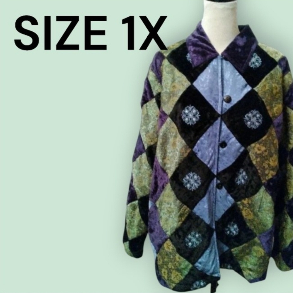 Y2K Shacket Quilted Velvet Velour Jacket Purple Green Size 1X WOMAN 1X